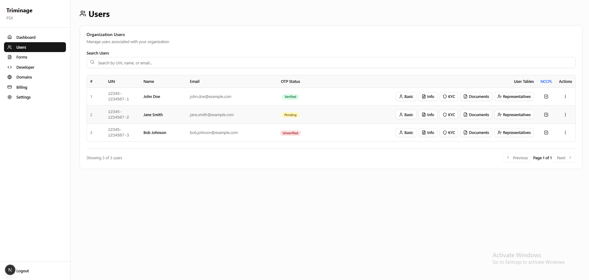 Users list with search and filter options