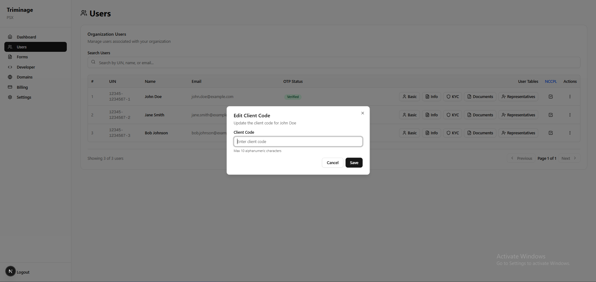 User edit form with Client Code field highlighted