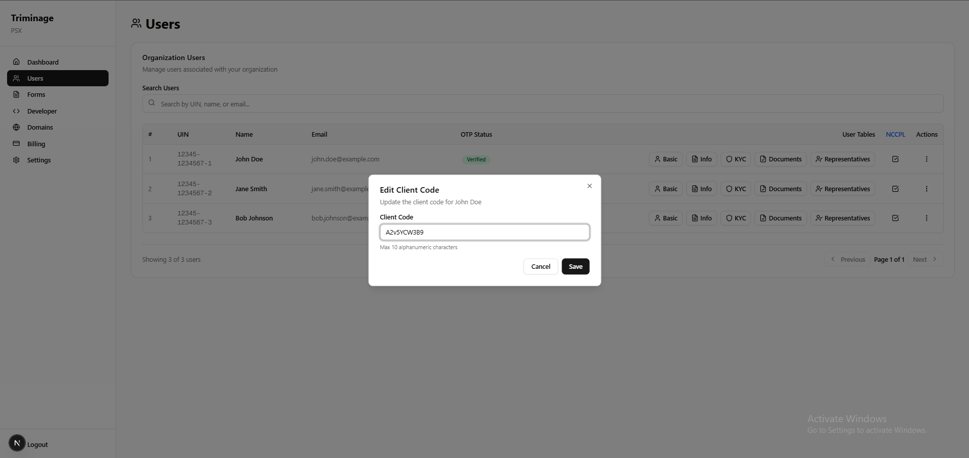 Client Code input field with example code