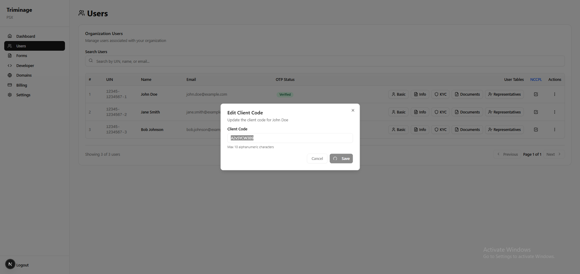 Save button and success confirmation message
