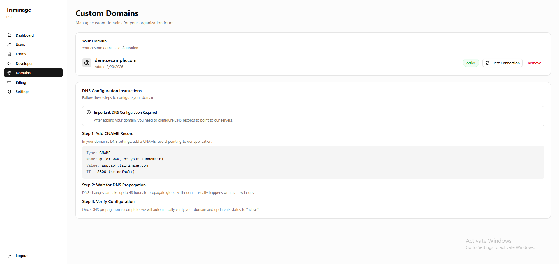Domains list showing connected domains with domain selection