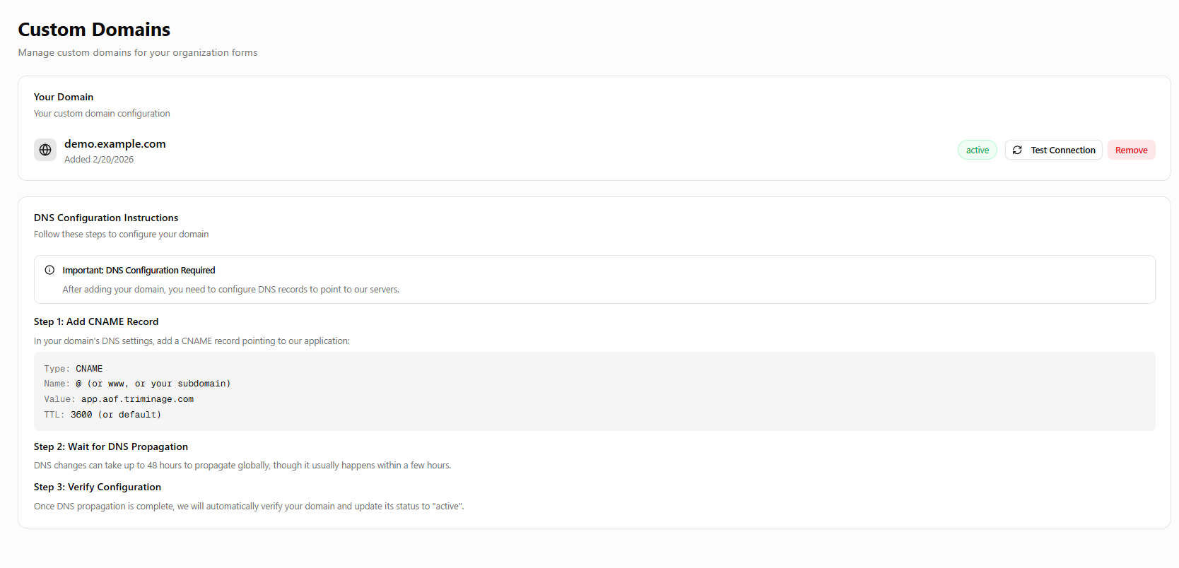 Domain details with Remove button visible in actions area