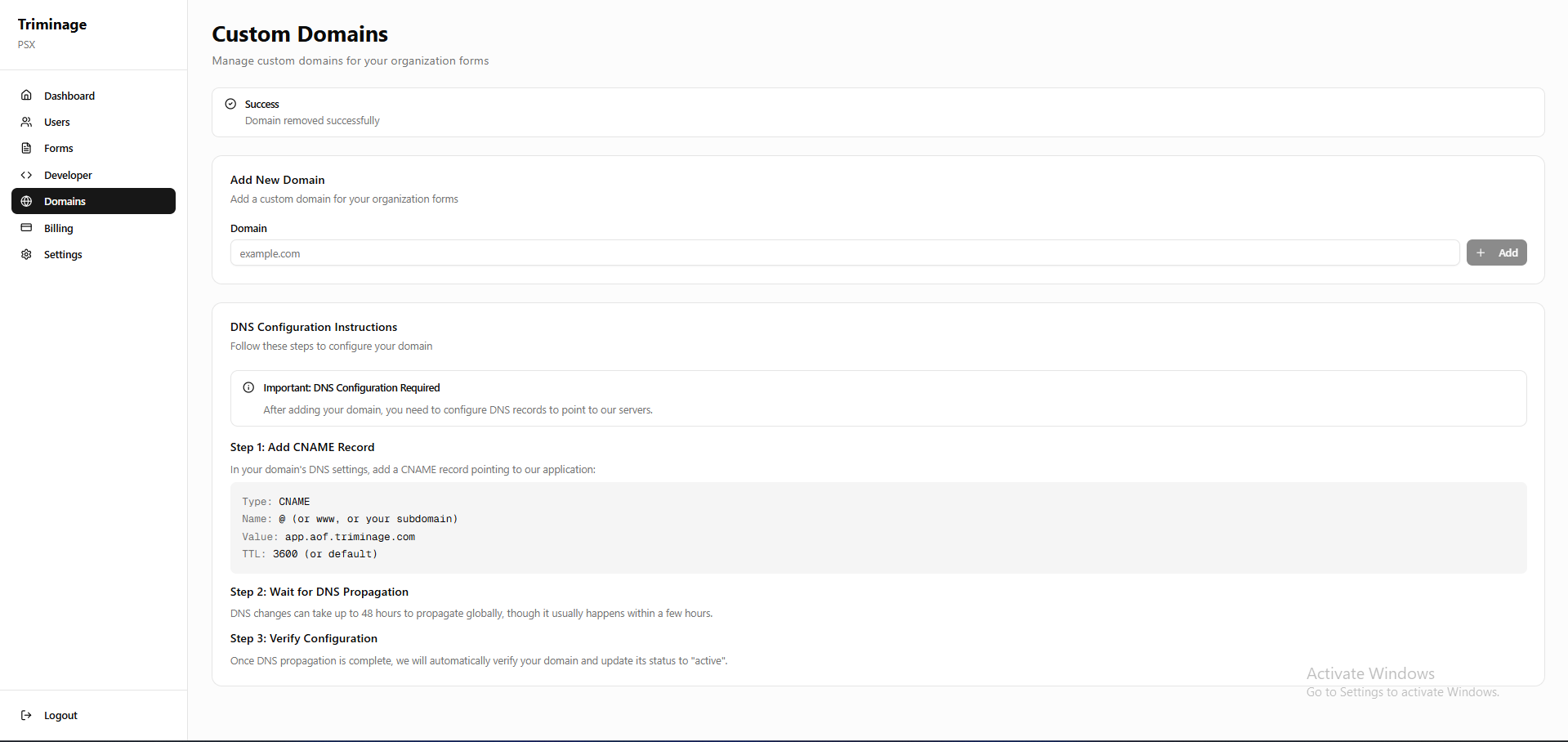 Confirmation dialog with warning message and domain status after disconnection