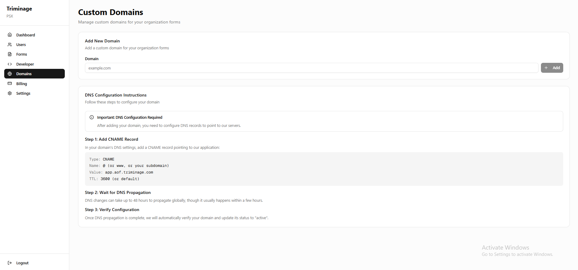 Domains page with Add Domain button