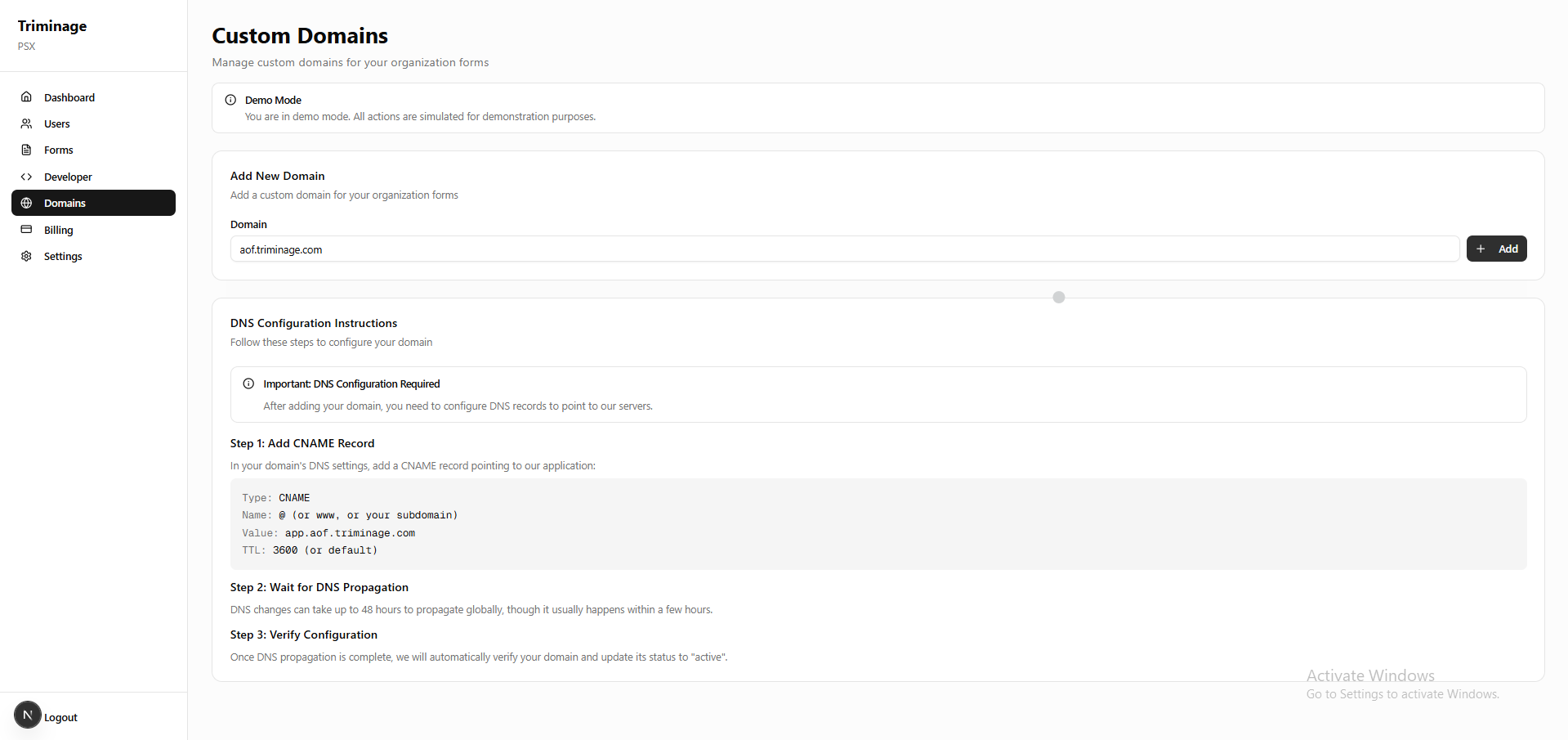 Domain input field with example domain