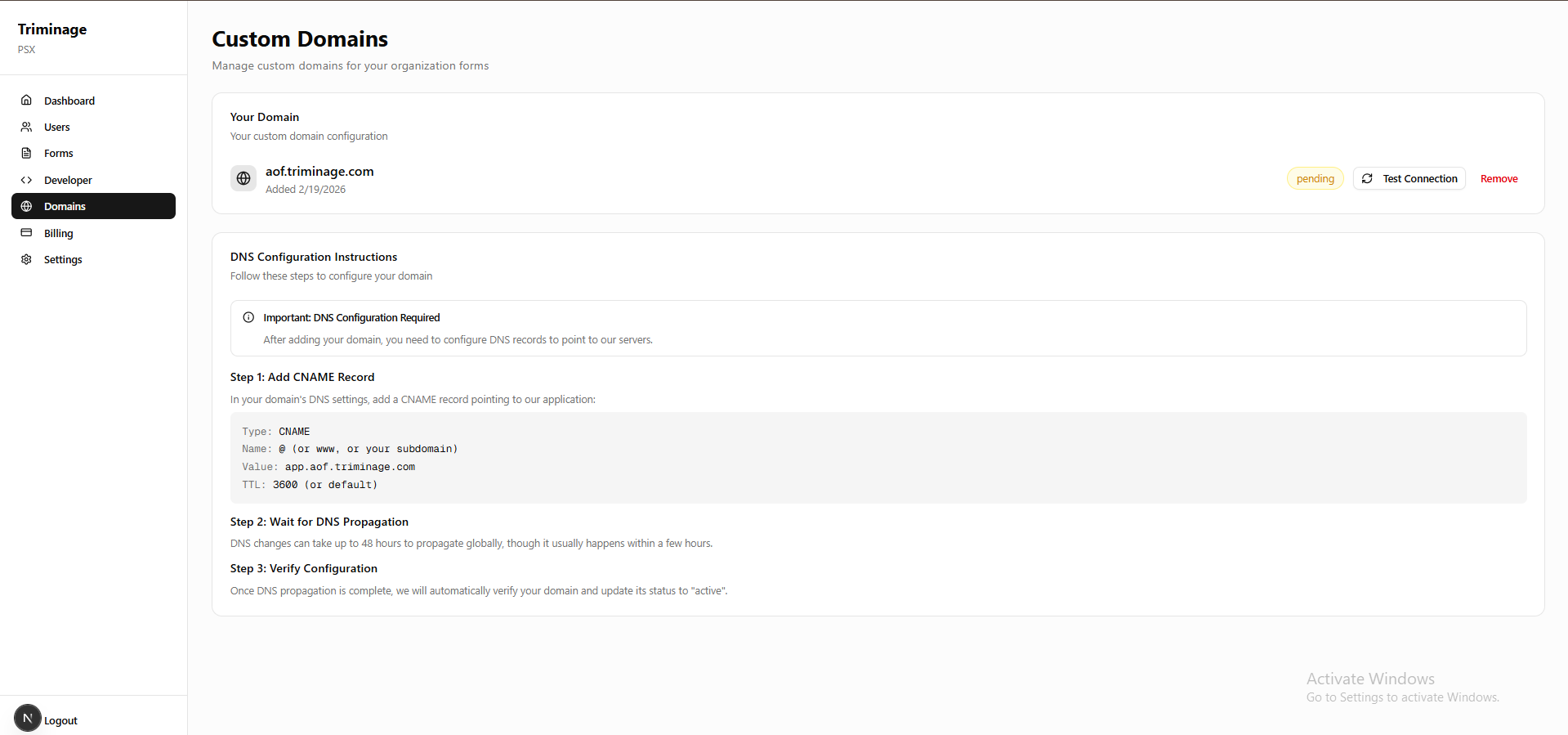 DNS configuration instructions with required records