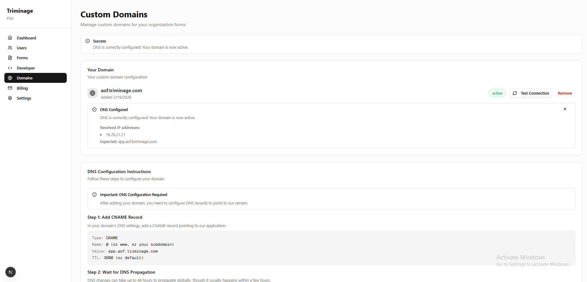 Domain verification status and propagation