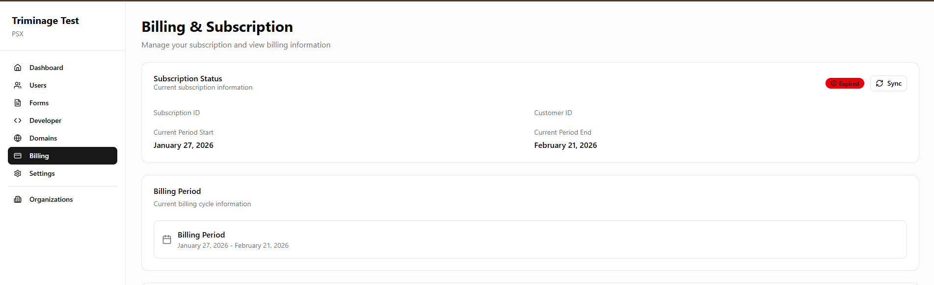 Subscription status in billing dashboard