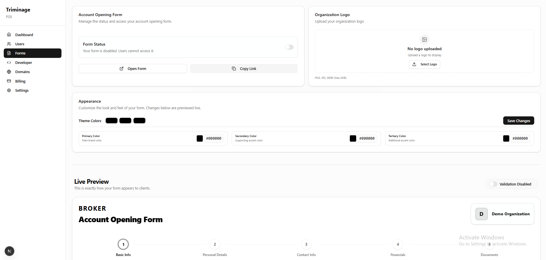 Form status showing active/inactive state