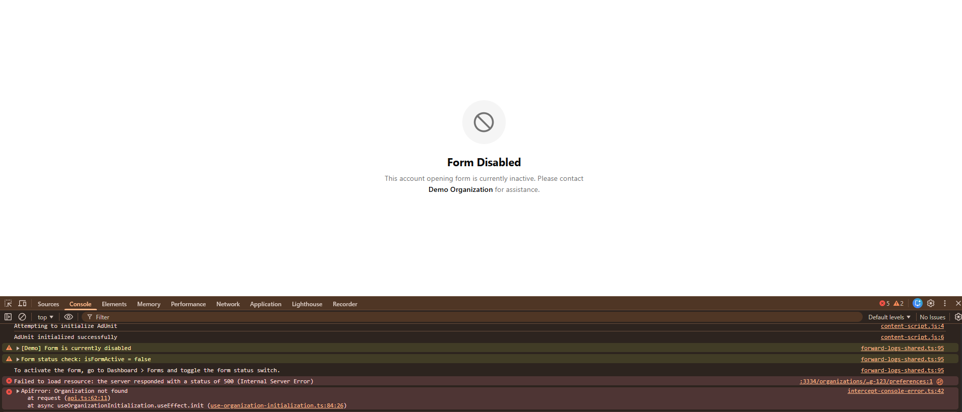 Browser console showing error messages