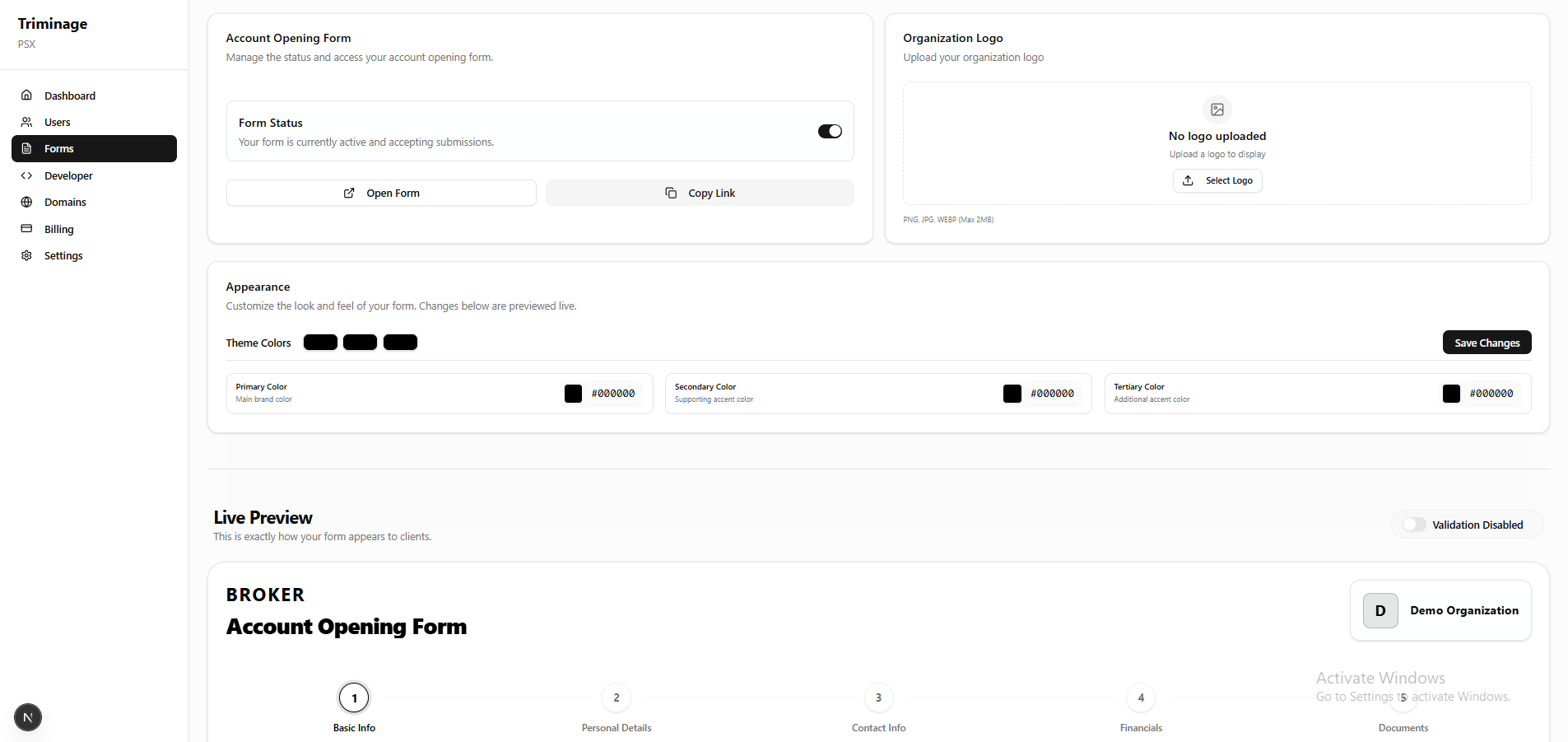 Form configuration settings page