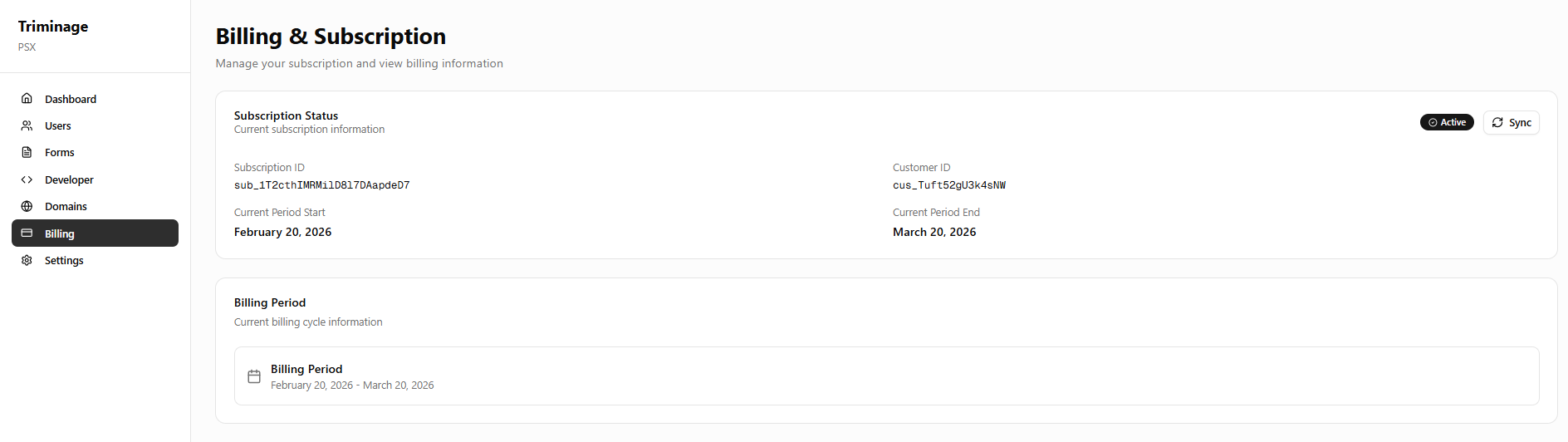 Subscription status in billing section