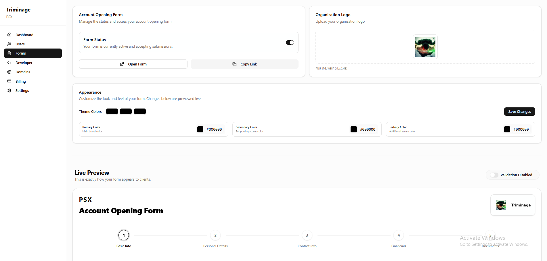 Form settings page with customization options
