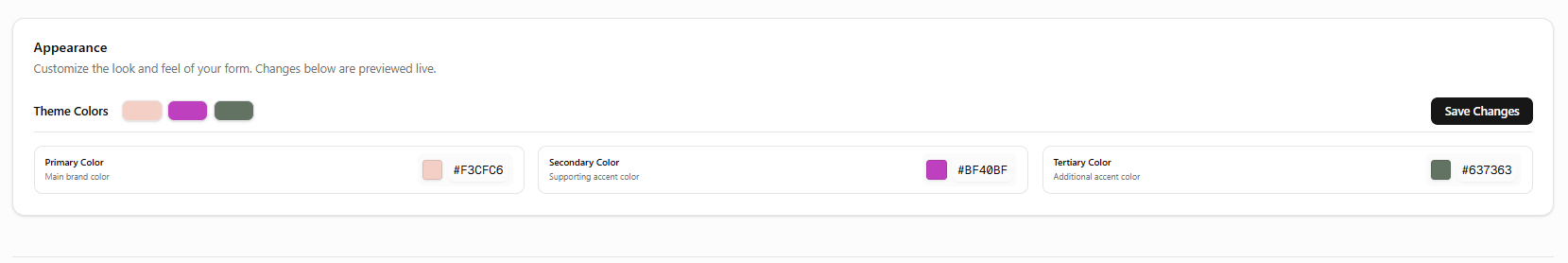 Color pickers for primary, secondary, and accent colors